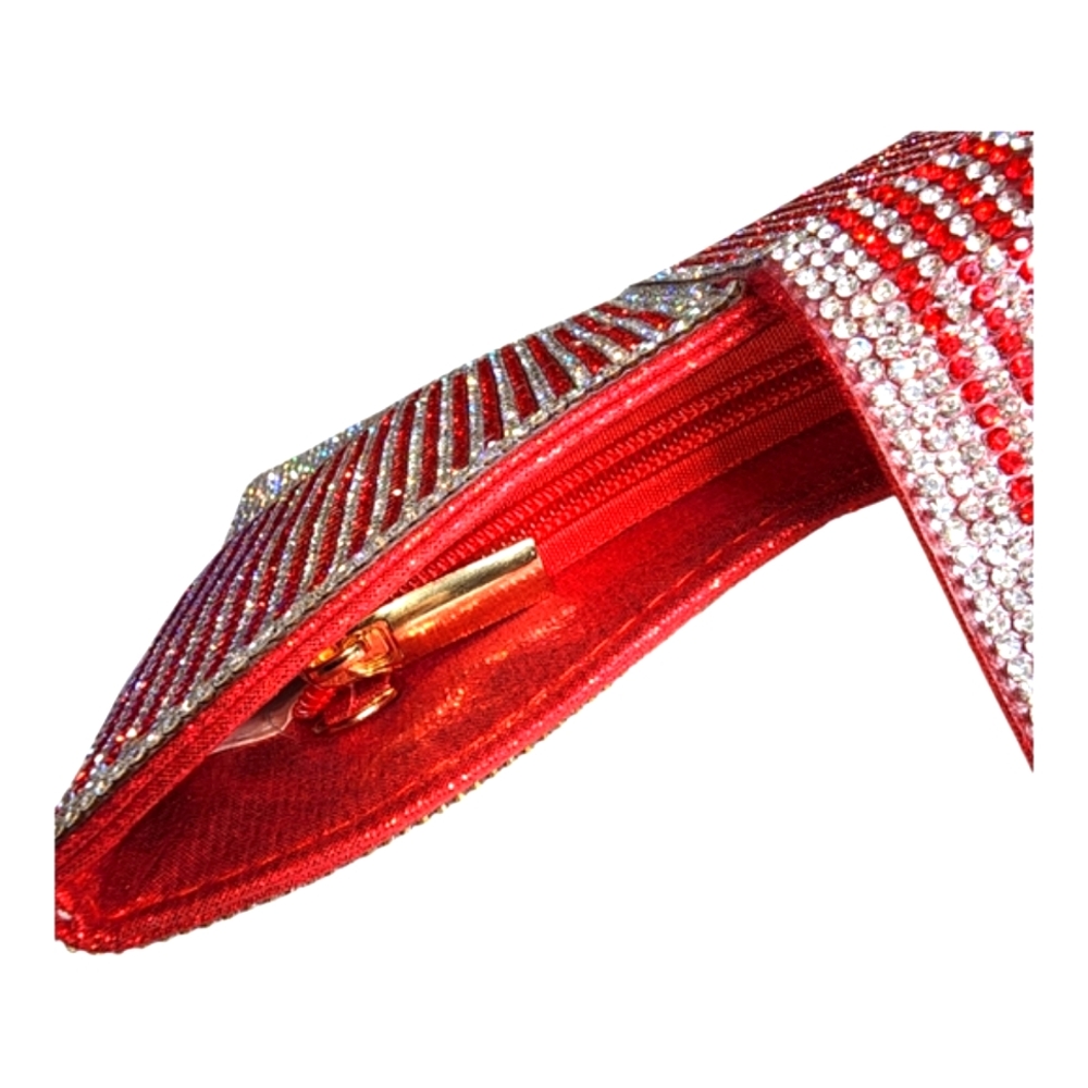 Women's Pavé Red & Silver Rhinestone Bowtie Shape Clutch Handbag Purse - Picture 5 of 7